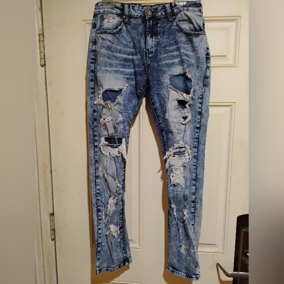 Grindhouse Distressed Blue Jeans With Metal Logo Size Of 32x32 - Picture 1 of 12